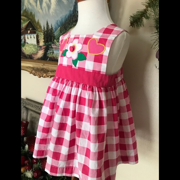 🩷 Pink Sleeveless Pinafore Gingham Flower Dress 2T - Picture 6 of 9